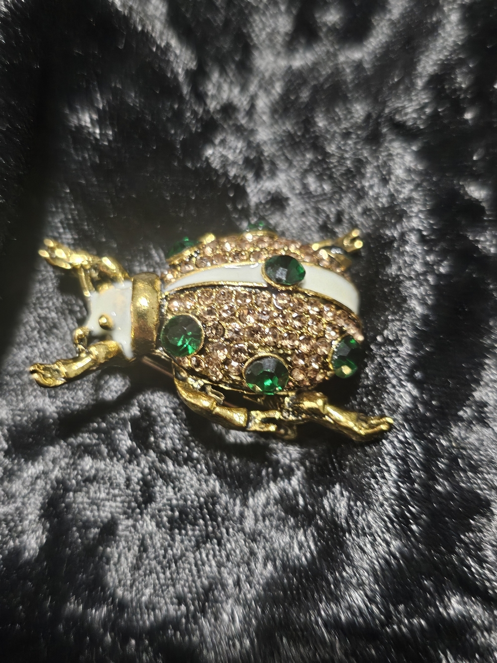 Gold Beetle Brooch with Green Rhinestones